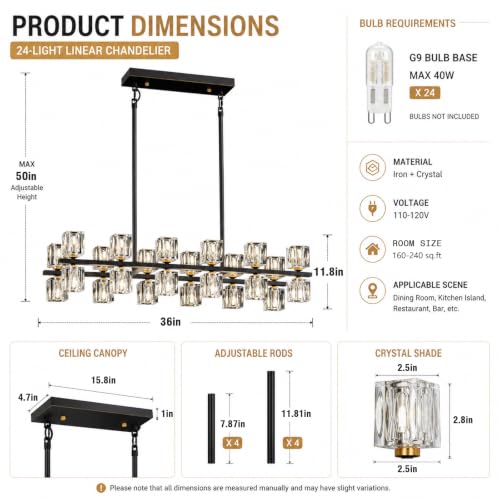24 Light Linear Crystal Chandelier for Dining Room Kitchen Island 36inch