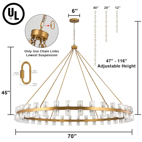 70 Inch Gold Wagon Wheel Chandelier with Crystal Shade