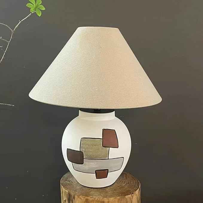 Retro Minimalist Wabi - sabi Style Handmade Fabric Ceramic Desk Lamp for Study, Living Room, Bedroom, Hotel Lounge