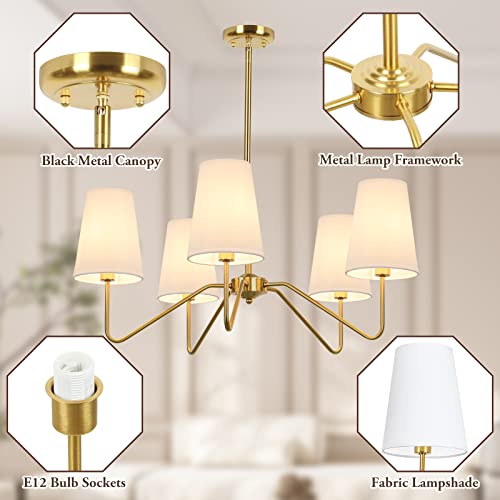 5 Light Gold 30” Modern Chandelier with White Shades for Dining Room
