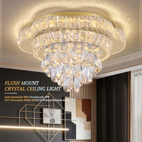 18" Gold Crystal Flush Mount Chandelier Modern LED Ceiling Light Fixture