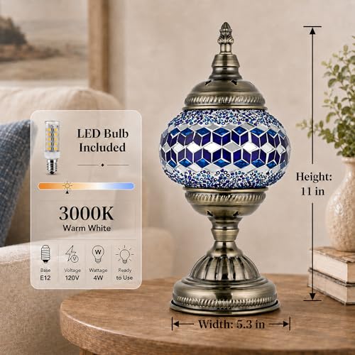 Turkish Moroccan Table Lamp Lantern with Handmade Mosaic Glass Lampshade Tiffany Style Bohemian Stained Glass Decorative Desk Lamps Bedside Night Lights for Bedroom