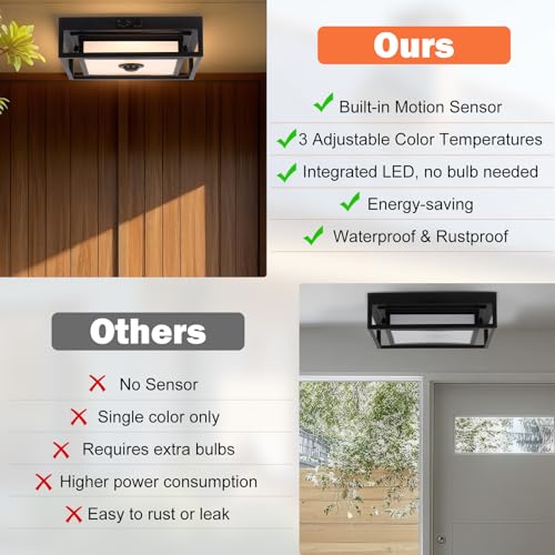 LED Motion Sensor Outdoor Ceiling Light Square Flush Mount Lighting 2 Pack (2 Count)