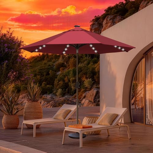 USA 10-Year-Non-Fading 10ft Market Patio Umbrella, Commercial Grade Table Sun Umbrella with 80 Solar LED Lights, Crank Open, Windproof & UPF 50+ UV Protection for Garden, Deck, Pool, Backyard, Burgundy
