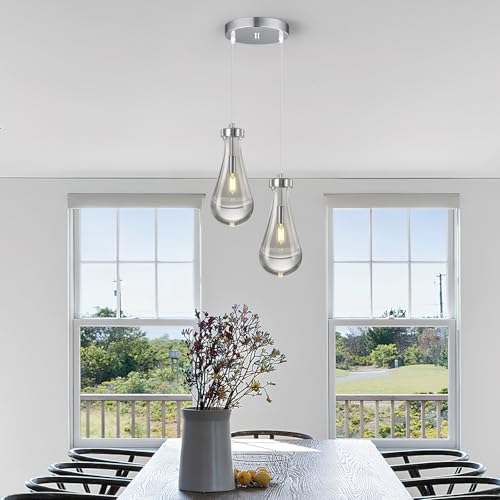 Raindrop Pendant Lights Kitchen Island Teardrop Chrome Hanging Light Fixtures Clear Solid Glass Pendant Light Modern Chandeliers for Dining Room Porch Corridor Living Room
