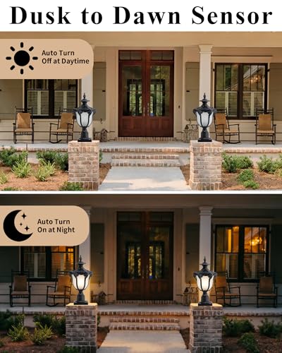 22" Black Dusk to Dawn Outdoor Post Light Fixture Vintage Large Waterproof Exterior Pole Lamp Fixture Mount Posts Lantern Head with Frosted Glass for House Garden Patio Pathway Yard Garage