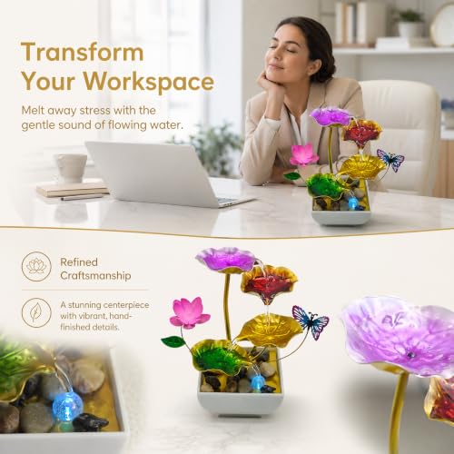 Tabletop Fountain Metal Lotus Indoor Fountain Water Feature for Zen Home Office Fengshui Decor Color
