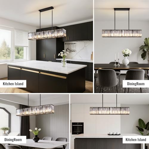 Modern Black Rectangular Crystal Chandelier for Dining Room