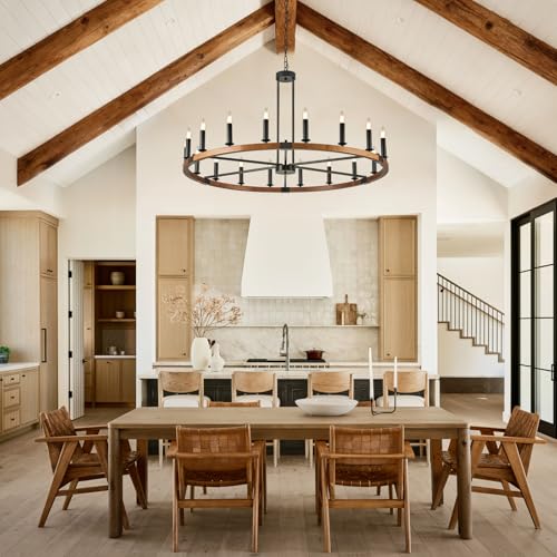 Farmhouse Walnut Wood Wagon Wheel Chandelier 47" 18 Light Round Chandeliers