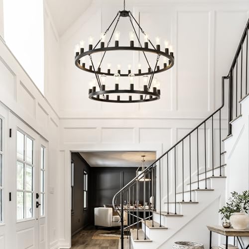 2 Tier 48" Wagon Wheel Light Fixture Black Farmhouse Chandeliers