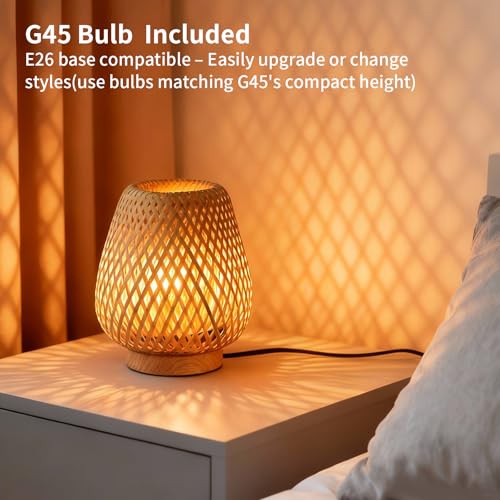 Boho Rattan Small Table Lamp with Double Layer Bamboo Woven Shade