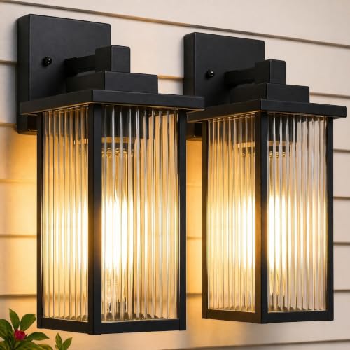 2-Pack 13-Inch Matte Black Outdoor Wall Light, All-Metal Frame
