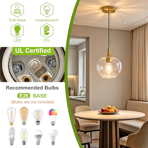 9.45in Gold Pendant Lights Kitchen Island with Clear Glass Shade 1Pack