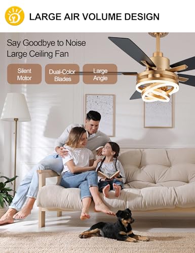 52" Black and Gold Ceiling Fans with Lights Modern Chandelier Fan
