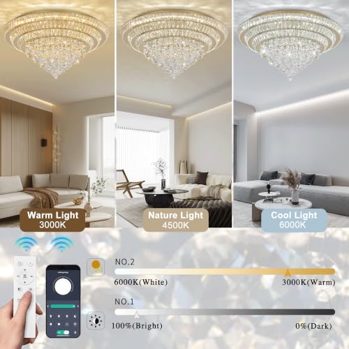30" Gold Crystal Flush Mount Chandelier Modern LED Ceiling Light Fixture