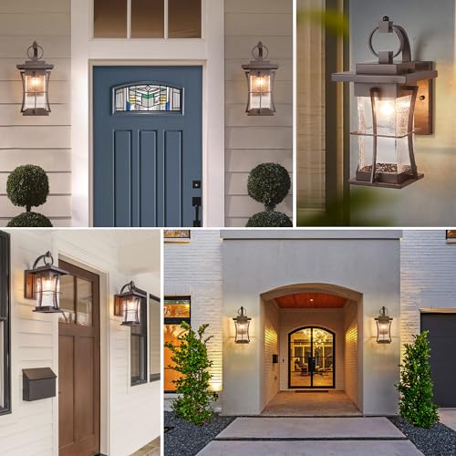 Oil Rubbed Bronze Outdoor Light Sconces Wall Mount Matte Brown Outdoor Wall Lamp Large Exterior Porch Wall Lantern with Seeded Glass 15" Outside Lights for House