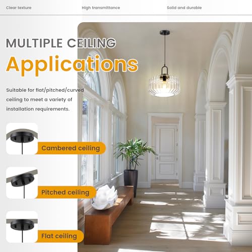 Clear Glass Pendant Light Fixture Kitchen Island Farmhouse Dining Room Pendant Lights Striped Wave Globe Lamp Shade Black Metal Light fixtures Modern Glass Ceiling Hanging Lighting