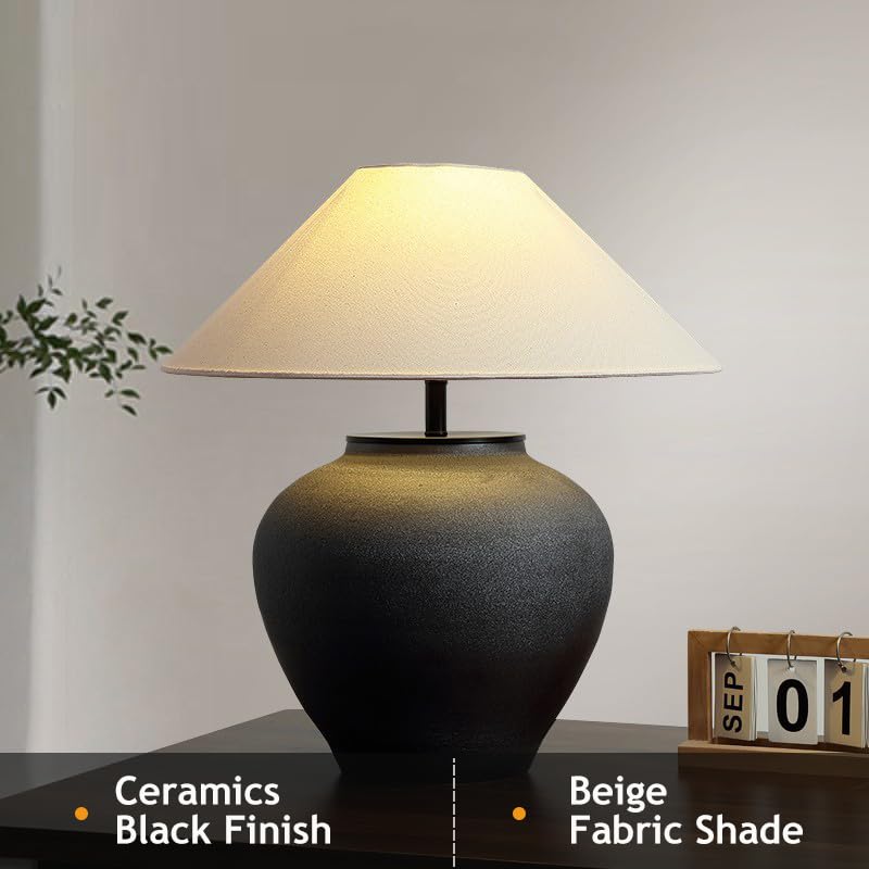 Farmhouse Table Lamps Black 18.8" Tall Ceramic Table Lamp Rustic Southwestern Clay Pot Ceramic Lampshade with Fabric Shade Bedside Nightstand for Living Room Bedroom House Office Entryway