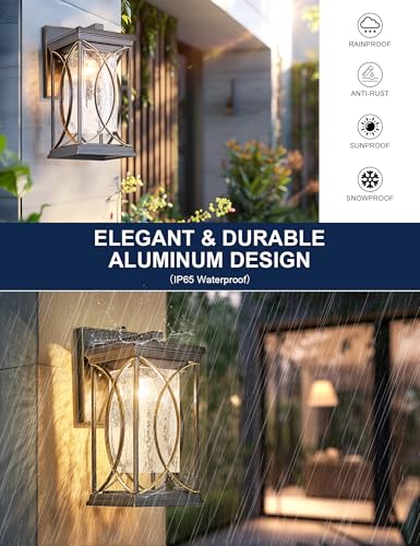 Dusk to Dawn Outdoor Wall Light Black with Gold Trim Modern Exterior Sconce Aluminum Waterproof Coach Light Fixture with Crack