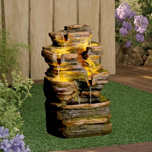 6 Tier Cascading Outdoor Water Fountain 24.2 in Brown Rock