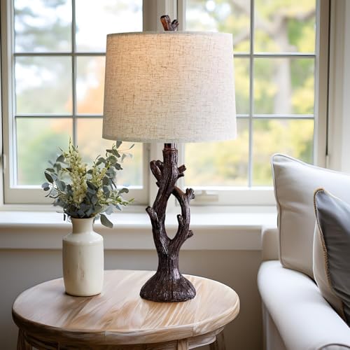 25" Farmhouse Table Lamp Set of 2 for Living Room Bedroom Resin Bedside Tree Lamp Nightstand End Table Lamps Vintage Natural Style (2 Count)