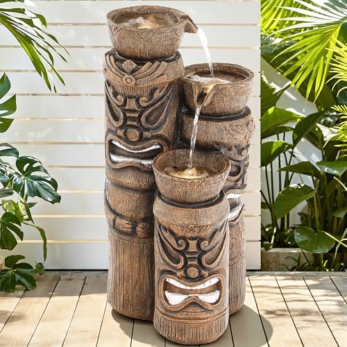 31" H Tiki Statue Outdoor Water Fountain with LED Lights