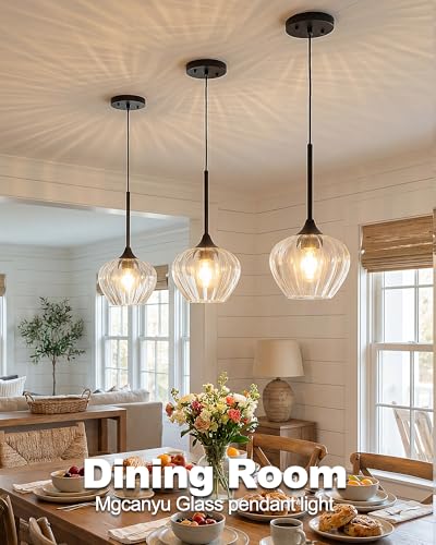 Black Pendant Lights Kitchen Island with Ribbed Glass Shade (2 Count)