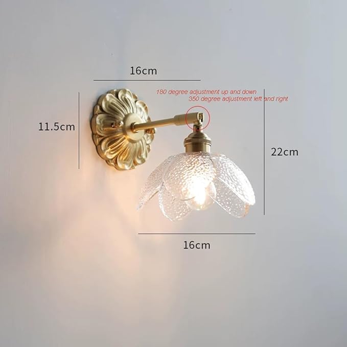 Modern Brass Wall Sconce Flower-Shaped Water Pattern Glass Wall Light Fixture Adjustable Bedside Wall Lamp, Japanese Style Wabi Sabi Polished Brass Wall Sconces for Bedroom Living Room
