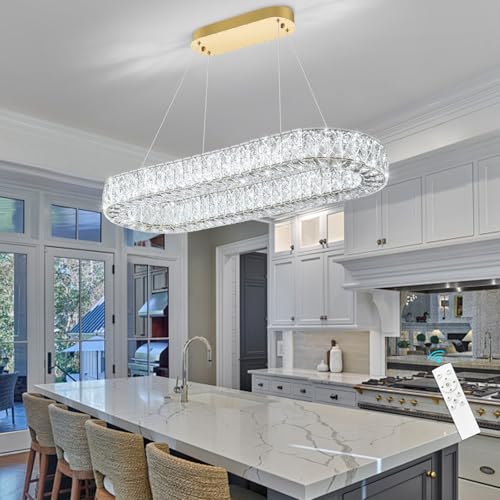 Modern Crystal LED Chandelier Dimmable Oval Chandeliers Rectangular Dining Room Light Fixture with Remote for Living Room Kitchen Island Gold