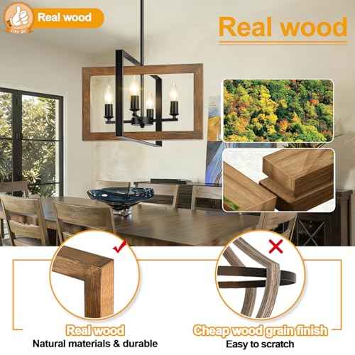 11.3"-55.3" Height Adjustable Farmhouse Real Wood Chandelier, No Assembly Required 4-Light Rustic Dining Room Light Fixture Over Table, Hanging Chandelier for Kitchen Living Room Foyer Entryway
