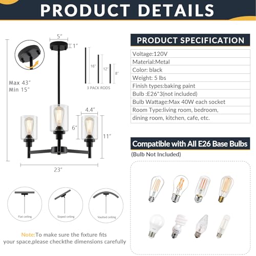 3 Lights Black Chandeliers for Dining Room Light Fixture Over Table 22.4"