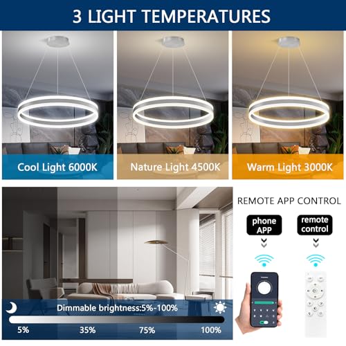 D23.6'' Modern Ring Chandelier for Dining Room LED Dimmable Pendant Lighting High Ceiling Chandelier for Living Room Foyer Bedroom Entryway 3000K