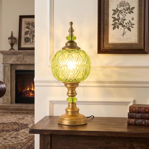 Vintage Glass Green Table Lamp Fixture with E26 Bulb Desk Lights with Plug Switch for Bedroom Living Room Dressing Room