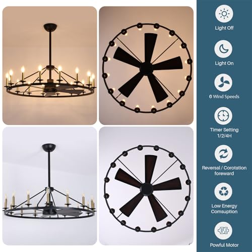 44" Black+Gold Wagon Wheel Chandelier with Fans
