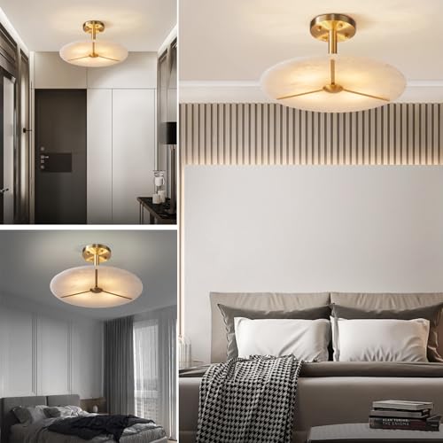 Alabaster Chandelier Gold Brass Semi Flush Mount Ceiling Light