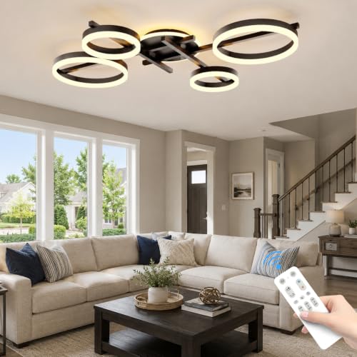 39.4" 5 Ring LED Dimmable Modern Ceiling Light Fixture (Black)