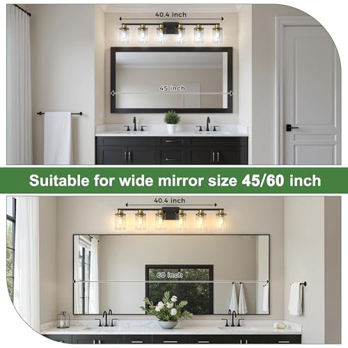 6 Light Black and Gold Bathroom Light Fixture Over Mirror