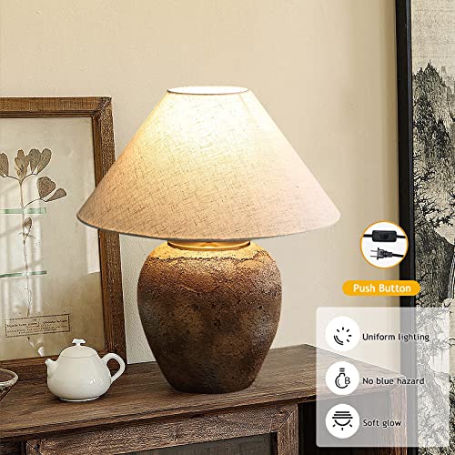 Rustic Farmhouse Clay Pot Table Vintage Distressed Ceramic Table Lamp with White Fabric Lampshade American Southwestern Textured Ceramic Lamp for Living Room Bedroom Office