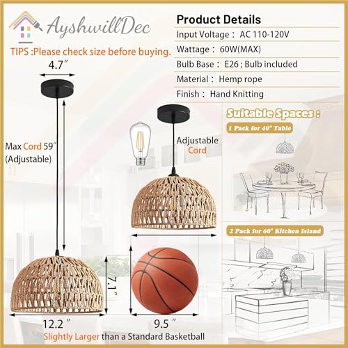 Hemp Rope Woven Pendant Light Woven Light Fixture Boho Chandelier Light Fixture Wicker Pendant Lights Rattan Lights Pendant Dome Wicker Chandelier for Dining Room Kitchen Island