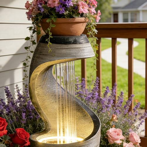 37" S Shaped Outdoor Water Fountain with LED Lights