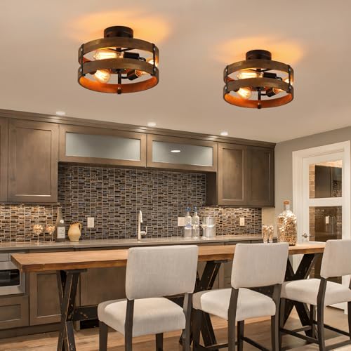 3 Light Rustic Farmhouse Wood Flush Mount Ceiling Light Fixture 12.59 inch Oak Wood and Metal Round Cage Semi Flush Mount Ceiling Light for Hallway Entry Bedroom Kitchen Hall Farmhouse