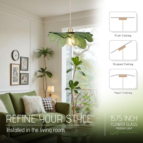 15.7" Green Glass Floral Ceiling Pendant Light Mid Century Large Hanging Light Gold Adjustable Cord Single Pendant for Kitchen Living Room Dining Table