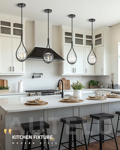 1 Light Black Pendant Lights Kitchen Island with Clear Globe Glass