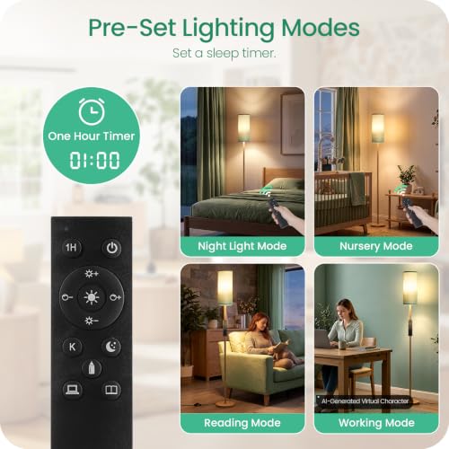 Wooden Textured Tall Slim Floor Lamp for Living Room with Remote and Foot Switch