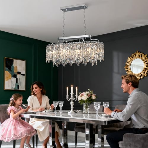 32" 10 Light Oval Chrome Crystal Chandeliers for Dining Room