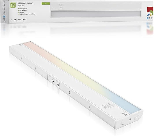 ASD 24 Inch LED Under Cabinet Lighting Plug in or Hardwired, High/Low/Off Switch, 12W 120V 3 CCT 2700K/3000K/4000K CRI90+, Triac Dimmable Linkable Under Counter Lights for Kitchen, ETL Listed, White