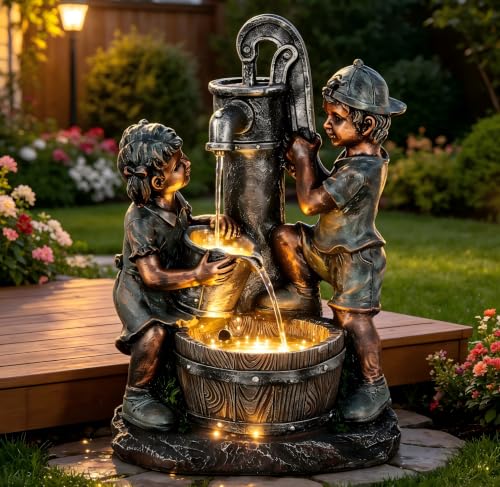 26" Boy and Girl Outdoor Fountain LED 3