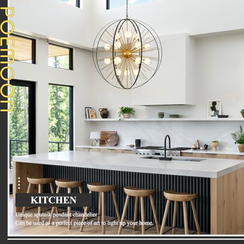 43.2" 18 Light Black Gold Sputnik Chandelier with Milk Glass Shade