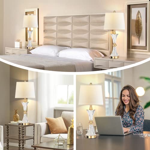 Touch Table Lamps for Bedroom Set of 2 Modern Living Room 3 Way Dimmable Gold Glass Bedside Nightstand Lamp for End Table with 2 USB Charging Port