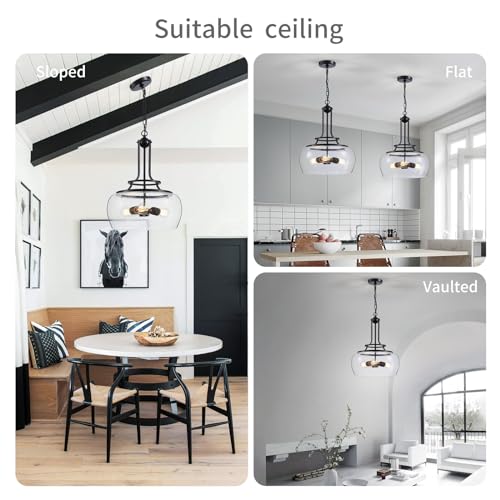 Chandelier Rustic Farmhouse Industrial Round Ceiling Pendant LED Light Fixture Clear Seeded Glass Shade for Dining Room Kitchen Island Foyer Entryway